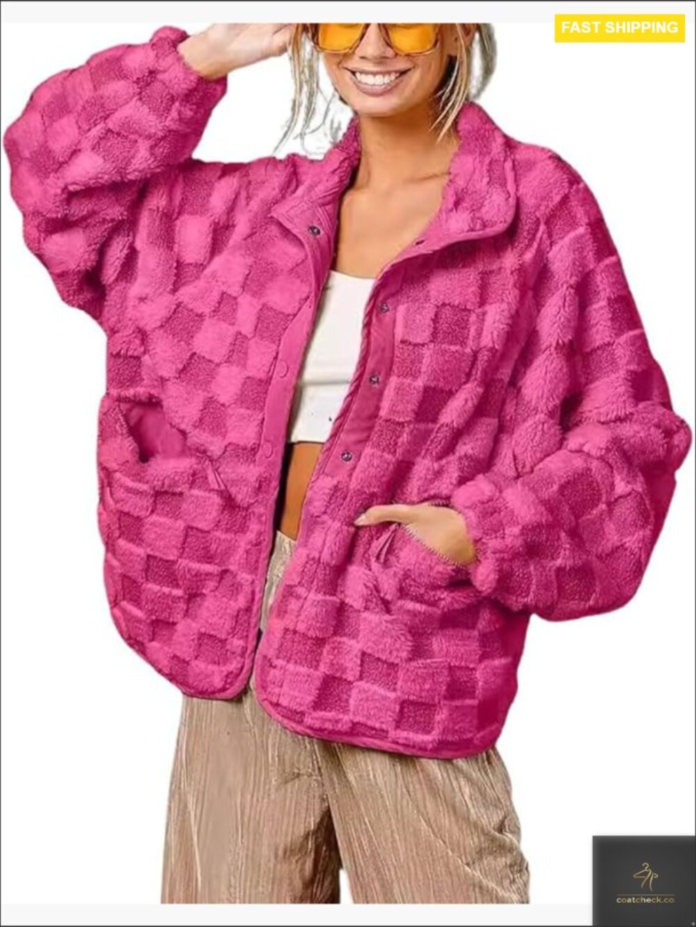 Winter Plaid Sherpa Jacket Oversized Faux Fur Fleece Shacket Cozy Casual